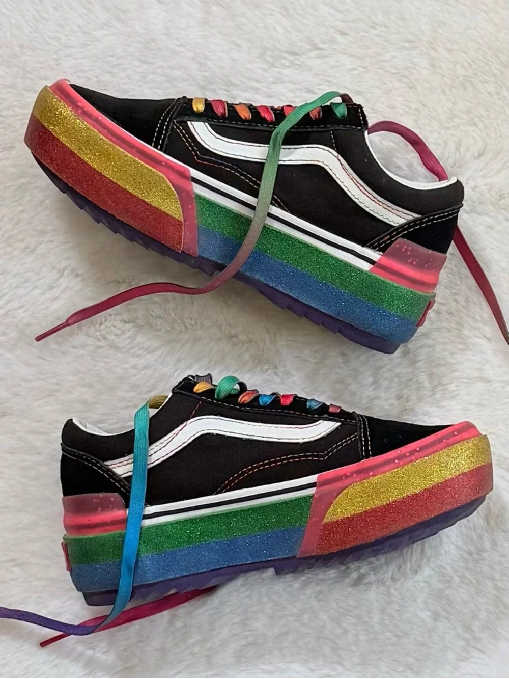 VANS Women’s 5 Old Skool Stacked Glitter Sneakers • Platform Suede Canvas Shoes